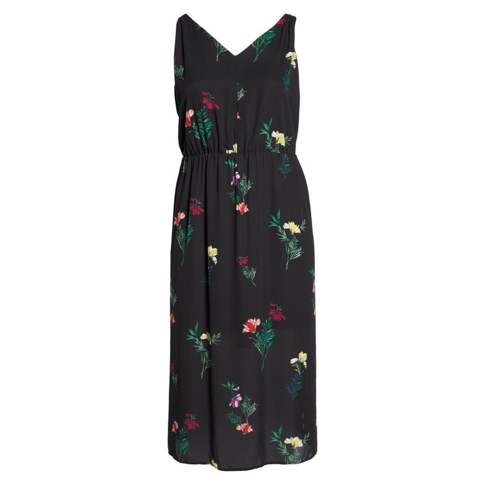 NWT Womens Plus Size 1X Vince Camuto Black Tropical Garden Midi Sleeveless Dress